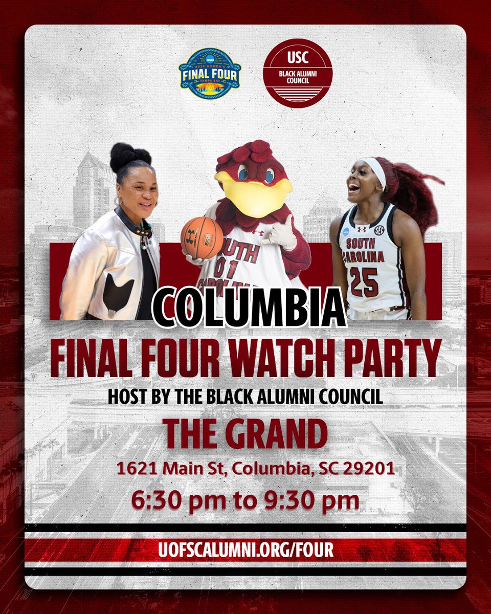 UofSCBAC's tweet image. Hey Columbia FAMs! 👋🏾
Meet us at The Grand to watch @GamecockWBB take on the Texas Longhorns for a spot in the national championship. GO GAMECOCKS!
🗓️ Friday, April 4
⏰ 6:30 p.m. - 9:30 p.m.
📍 The Grand on Main