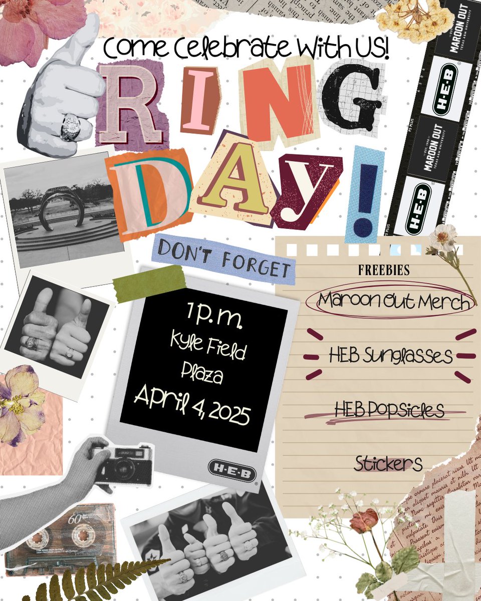 MaroonOut's tweet photo. Celebrate Aggie Ring Day with Maroon Out this April 4th! 🎉 We’ve got free merch, stickers, HEB sunglasses, and popsicles! Huge thanks to @heb for sponsoring us! Don’t miss out on the fun! 🥳

#maroonout #btho #tamu #aggies #ringday #aggiering #aggieringday https://t.co/PEQLwwMNwx