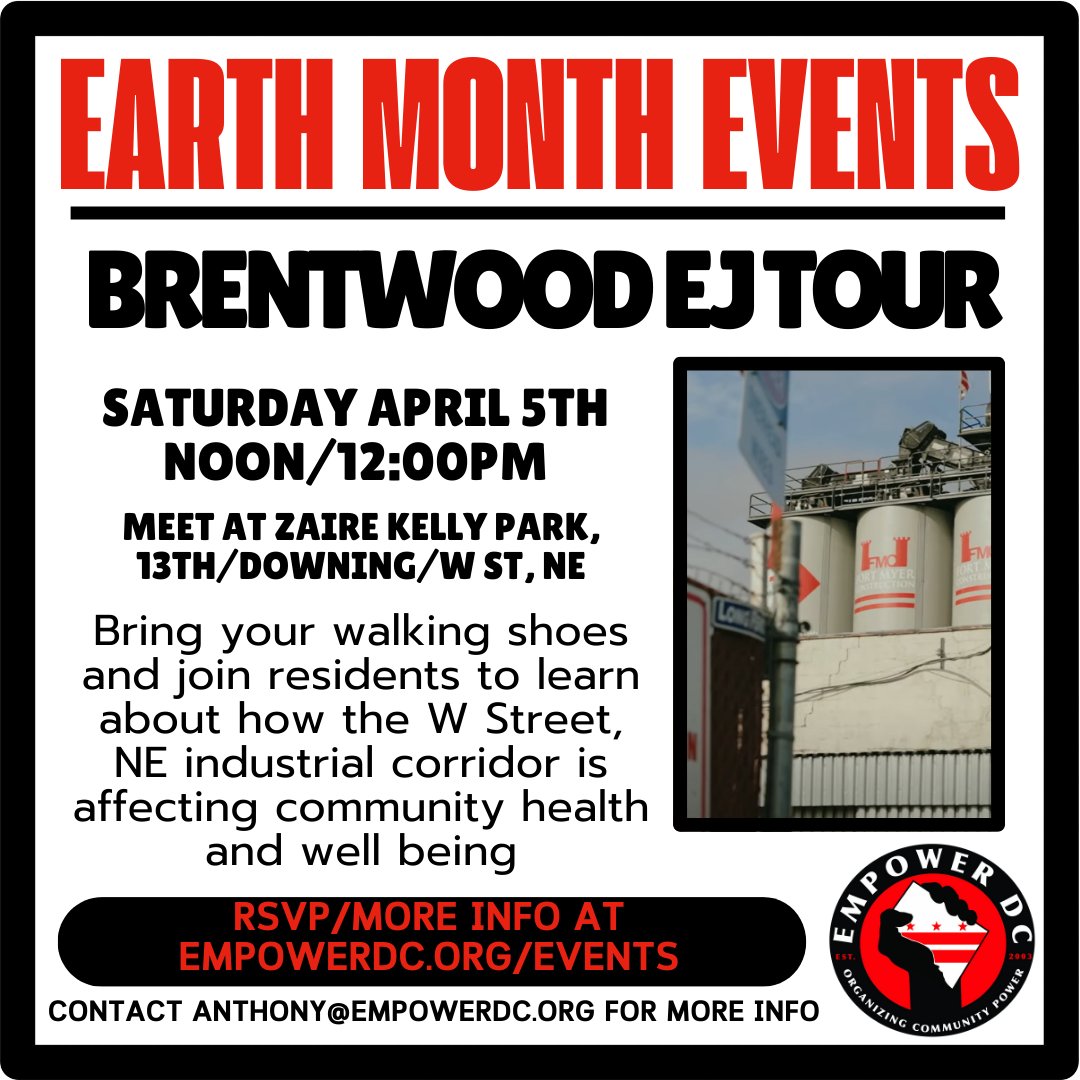 Empower DC (@empowerdc) on Twitter photo Please Share! Sat April 5th join us for a tour of W St, NE in Brentwood, DC's most heavily industrialized corridor. Learn how residents are fighting for #EnvironmentalJustice. RSVP: empowerdc.org/brentwood_envi…
<a href="/CMZParker5/">Councilmember Zachary Parker</a> <a href="/ceejhcenter/">ceejhcenter</a> <a href="/youngiftedgreen/">Young, Gifted & Green™</a> <a href="/GND4DC/">Green New Deal For DC</a> <a href="/CM_McDuffie/">CM McDuffie's Office</a> <a href="/weact4ej/">WE ACT for Environmental Justice</a> Please Share! Sat April 5th join us for a tour of W St, NE in Brentwood, DC's most heavily industrialized corridor. Learn how residents are fighting for #EnvironmentalJustice. RSVP: empowerdc.org/brentwood_envi…
<a href="/CMZParker5/">Councilmember Zachary Parker</a> <a href="/ceejhcenter/">ceejhcenter</a> <a href="/youngiftedgreen/">Young, Gifted & Green™</a> <a href="/GND4DC/">Green New Deal For DC</a> <a href="/CM_McDuffie/">CM McDuffie's Office</a> <a href="/weact4ej/">WE ACT for Environmental Justice</a>