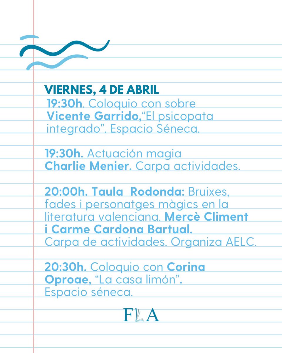 📚 Viernes 4 de abril en #FLAlicante:
Libros, cuentacuentos, magia, coloquios y personajes inolvidables.

📢 Autores como Fran Mercader, Paz Castelló, Vicente Garrido y Corina Oproae te esperan.

🕐 10:30-14:00 / 17:30-21:00
📍 Plaza Séneca
💻 ferialibroalicante.com