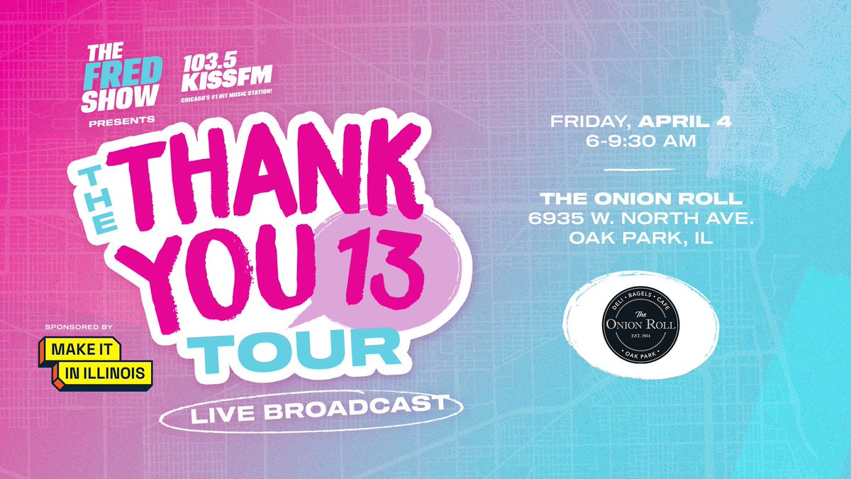 fredshowradio's tweet photo. We can’t wait to see you Friday! 🔥
📍The Onion Roll - Oak Park
⏰ 6-9:30am
😋 Free bagel, creamy cheese & coffee!
@makeitinIL #FredShow #KissFM https://t.co/GJGtFy2XkT