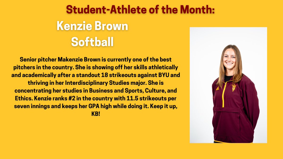 Sun Devil OSAD (@sundevil_osad) on Twitter photo Next up is our High Achieving Female Student-Athlete of the Month, Kenzie Brown from <a href="/ASUSoftball/">Sun Devil Softball</a>! Not only is she crushing it on the field, but she is doing amazing work in the classroom. Keep up the hard work Kenzie! <a href="/TheSunDevils/">Arizona State Sun Devils</a> #O2V! Next up is our High Achieving Female Student-Athlete of the Month, Kenzie Brown from <a href="/ASUSoftball/">Sun Devil Softball</a>! Not only is she crushing it on the field, but she is doing amazing work in the classroom. Keep up the hard work Kenzie! <a href="/TheSunDevils/">Arizona State Sun Devils</a> #O2V!