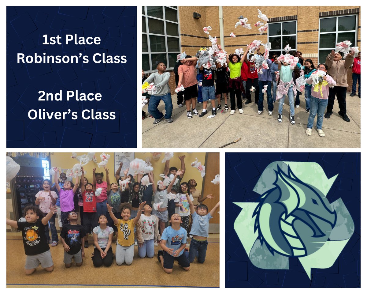 DragonsDean's tweet photo. 🏆♻️ Recycle Bag Challenge Winners! ♻️🏆

A huge CONGRATULATIONS to our Recycle Bag Challenge winners!
🥇 1st Place: Ms. Robinson's Class 
🥈 2nd Place: Ms. Oliver's Class 

#LeadForResults #wacoISD https://t.co/M7Mb50inP9