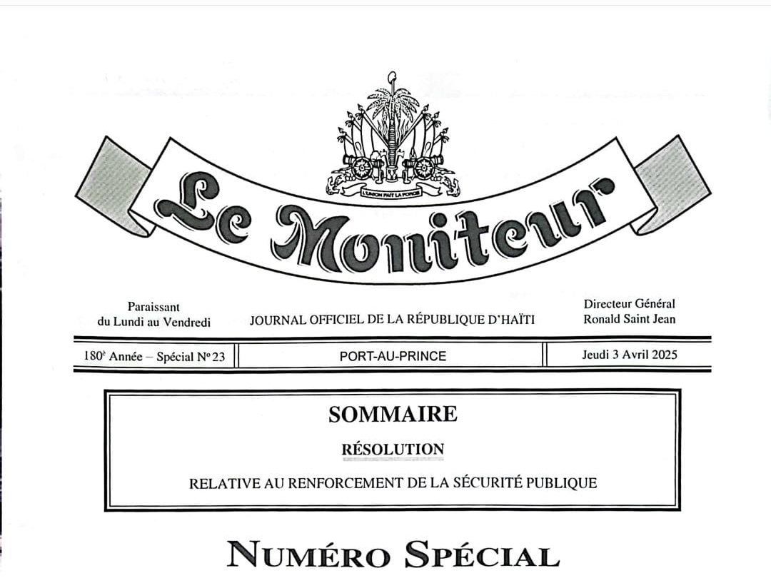 7_kalfou's tweet photo. Le CPT a publié une résolution dans le journal officiel Le Moniteur ce 3 avril 2025, relative au renforcement de la sécurité publique. En effet, le gouvernement est instruit de prendre toutes les mesures nécessaires pour rétablir la sécurité dans le pays.#KALFOUINFO7 https://t.co/KOc8Xr56Iq