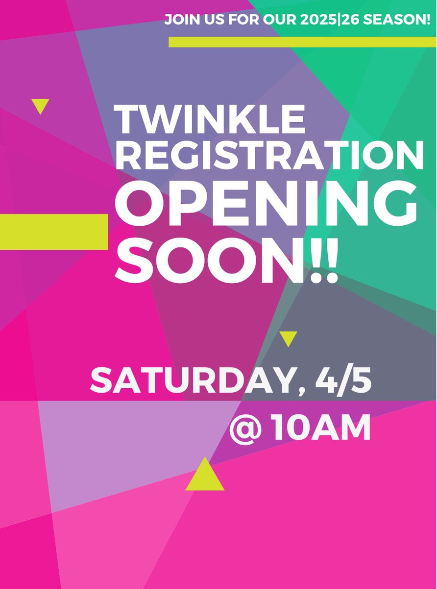 Our website is down so the link for Twinkle registration this Saturday will be available on all social media platforms instead. Please share the word and check back here Saturday, April 5th at 10:00am for the link to register your 1st-3rd grade dancers for the 25/26 school year!