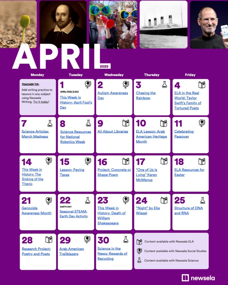 Spring into the season with Newsela! 💐📚
From Poetry Month to Earth Day and beyond, our content calendar is packed with engaging resources for your classroom. Grab your copy ➡️ ow.ly/VtFb50VnOhr