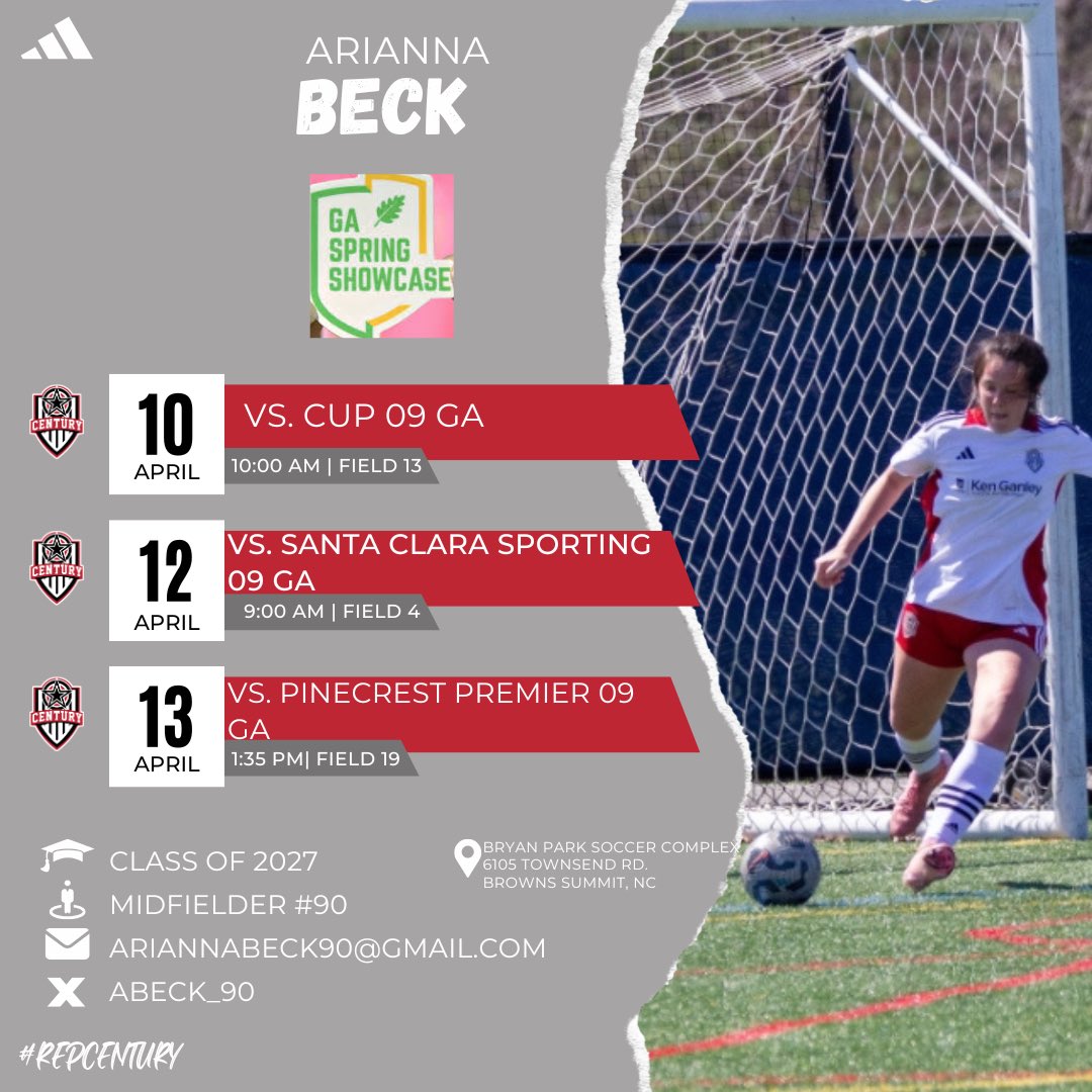 Arianna Beck (@abeck_90) on Twitter photo Thrilled to be heading to North Carolina next weekend to compete in the Girls Academy Spring Showcase with my <a href="/century09ga/">Century 09 Girls Academy</a> team!! See my schedule below!! ⬇️⬇️
<a href="/ImCollegeSoccer/">College Soccer Truth ™</a>
<a href="/ImYouthSoccer/">ECNL/GA/Recruiting/College Soccer</a>
<a href="/PrepSoccer/">Prep Soccer ⚽️</a>
<a href="/CollegeSoccerID/">College Soccer ID</a>
<a href="/GAcademyLeague/">Girls Academy</a>
<a href="/TheSoccerWire/">SoccerWire</a>
<a href="/TopDrawerSoccer/">TopDrawerSoccer</a> Thrilled to be heading to North Carolina next weekend to compete in the Girls Academy Spring Showcase with my <a href="/century09ga/">Century 09 Girls Academy</a> team!! See my schedule below!! ⬇️⬇️
<a href="/ImCollegeSoccer/">College Soccer Truth ™</a>
<a href="/ImYouthSoccer/">ECNL/GA/Recruiting/College Soccer</a>
<a href="/PrepSoccer/">Prep Soccer ⚽️</a>
<a href="/CollegeSoccerID/">College Soccer ID</a>
<a href="/GAcademyLeague/">Girls Academy</a>
<a href="/TheSoccerWire/">SoccerWire</a>
<a href="/TopDrawerSoccer/">TopDrawerSoccer</a>