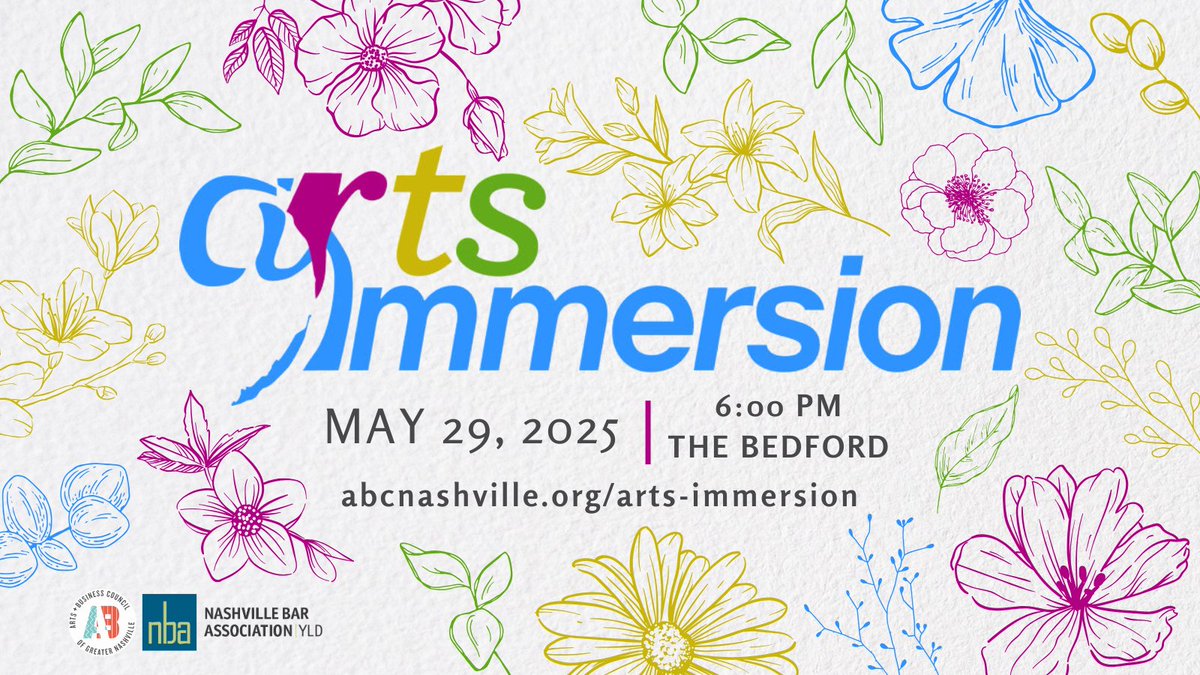 Arts & Business Council of Greater Nashville (@abcnashville) on Twitter photo Save the date: Arts Immersion is back May 29, 2025! Join us for live music, local performances, original art, and creative experiences at Nashville’s must-attend summer event. Learn more: abcnashville.org/arts-immersion <a href="/nba_yld/">NBA Young Lawyers Division</a> #ArtsImmersion #keepnashvillecreative Save the date: Arts Immersion is back May 29, 2025! Join us for live music, local performances, original art, and creative experiences at Nashville’s must-attend summer event. Learn more: abcnashville.org/arts-immersion <a href="/nba_yld/">NBA Young Lawyers Division</a> #ArtsImmersion #keepnashvillecreative