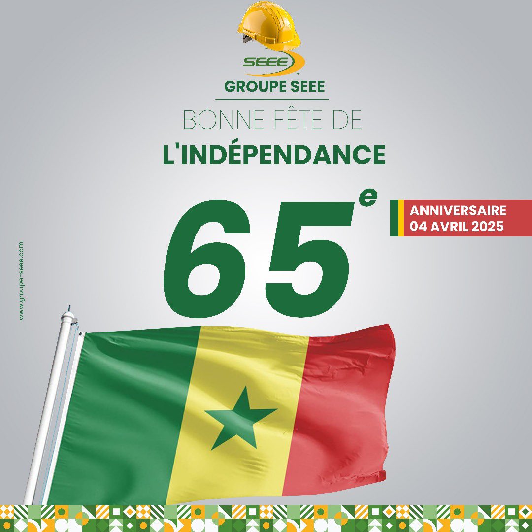 🇸🇳 4 Avril 2025 – 65 ans d’Indépendance 🇸🇳

#GROUPE_SEEE souhaite une joyeuse fête de l’Indépendance à tout le peuple sénégalais ! #4avril2025 #groupeseee