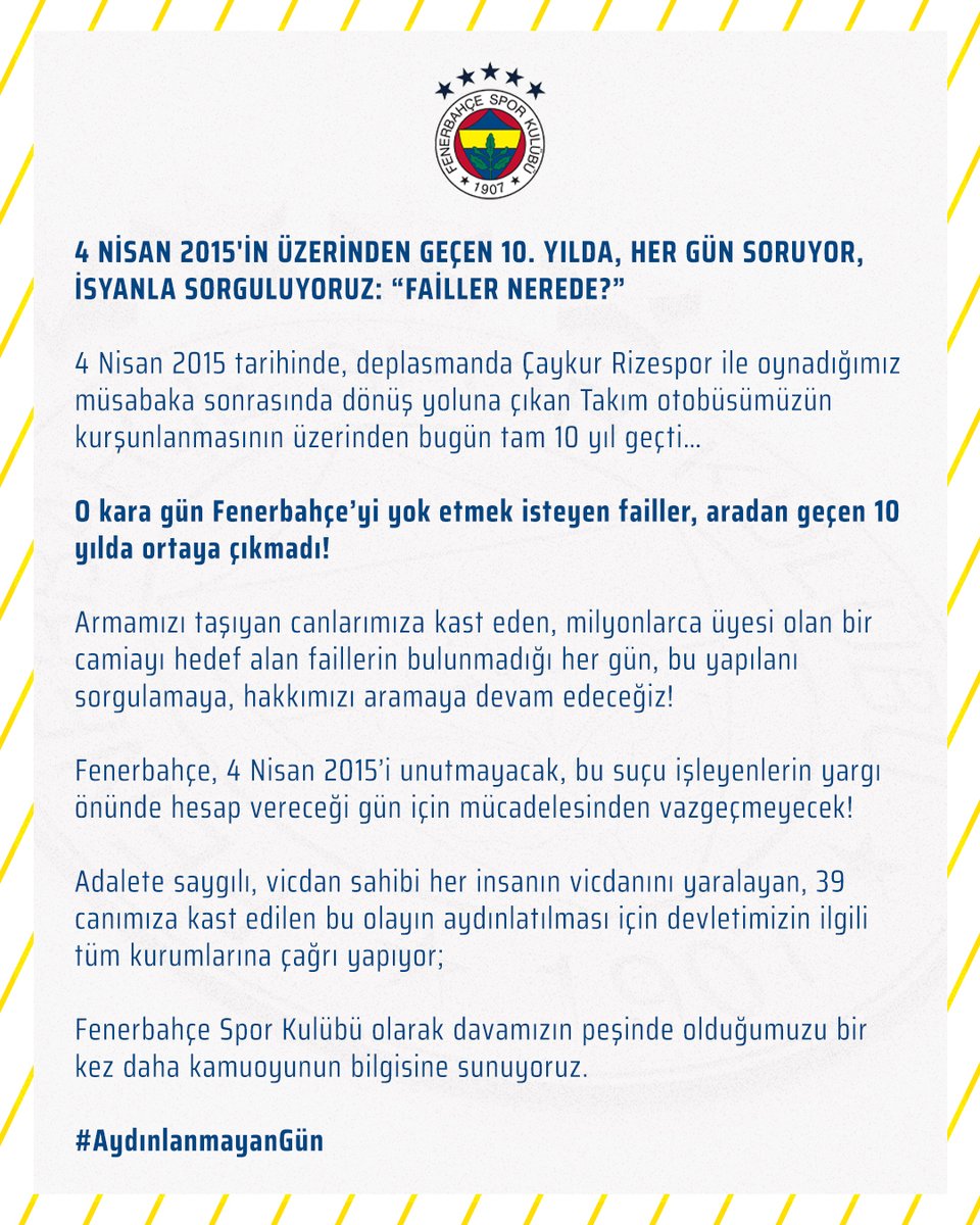 4 NİSAN 2015'İN ÜZERİNDEN GEÇEN 10. YILDA, HER GÜN SORUYOR, İSYANLA SORGULUYORUZ: “FAİLLER NEREDE?”

#AydınlanmayanGün 

🔗 fenerbahce.org/haberler/kulup…