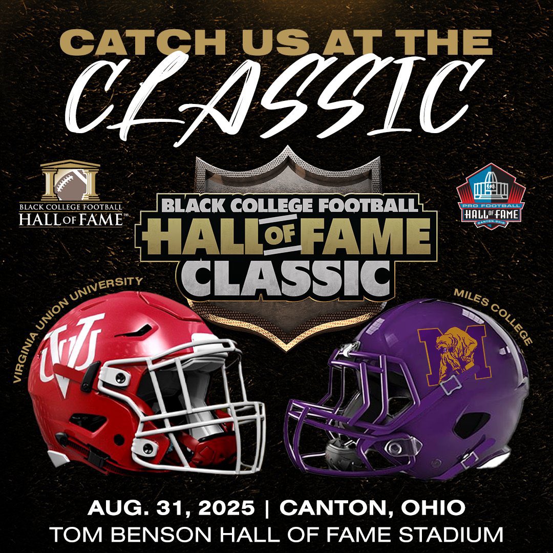 Sean Robertson (@cbs6sportssean) on Twitter photo For the 2nd time in 3 years, #VUU (<a href="/VUU_Football/">Virginia Union Univ Football ๐</a>) will open the season in Canton, Ohio, playing in the Black College Football Hall of Fame Classic (<a href="/BCFHOF/">BlackCollegeFootball</a>)! The defending 2x CIAA champions (<a href="/CIAAForLife/">CIAA</a>) will play SIAC Champs (<a href="/TheSIAC/">The SIAC</a>), Miles College, August 31st at Tom For the 2nd time in 3 years, #VUU (<a href="/VUU_Football/">Virginia Union Univ Football ๐</a>) will open the season in Canton, Ohio, playing in the Black College Football Hall of Fame Classic (<a href="/BCFHOF/">BlackCollegeFootball</a>)! The defending 2x CIAA champions (<a href="/CIAAForLife/">CIAA</a>) will play SIAC Champs (<a href="/TheSIAC/">The SIAC</a>), Miles College, August 31st at Tom