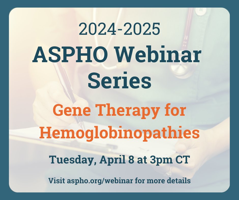ASPHO_hq's tweet image. Join next week's FINAL live webinar in the 2024-2025 Webinar Series, "Gene Therapy for Hemoglobinopathies," on 4/8 at 3pm CT! Learn to address inequities in access to care for patients with #hemoglobinopathies with expert speakers. apps.aspho.org/store/product-… #PedsHemeOnc #PHODocs