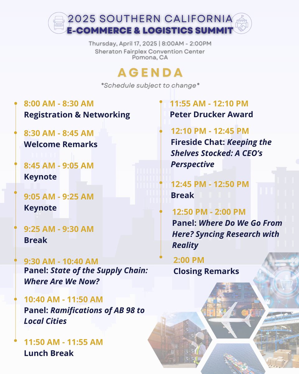 Announcing the full agenda for the 2025 Southern California E-Commerce &amp; Logistics Summit!

The Summit is less than 2 weeks away— Register today before prices increase on April 11. We hope to see you there ⭐️

🎟️Register today with Early Bird pricing: eventbrite.com/e/120379195714…