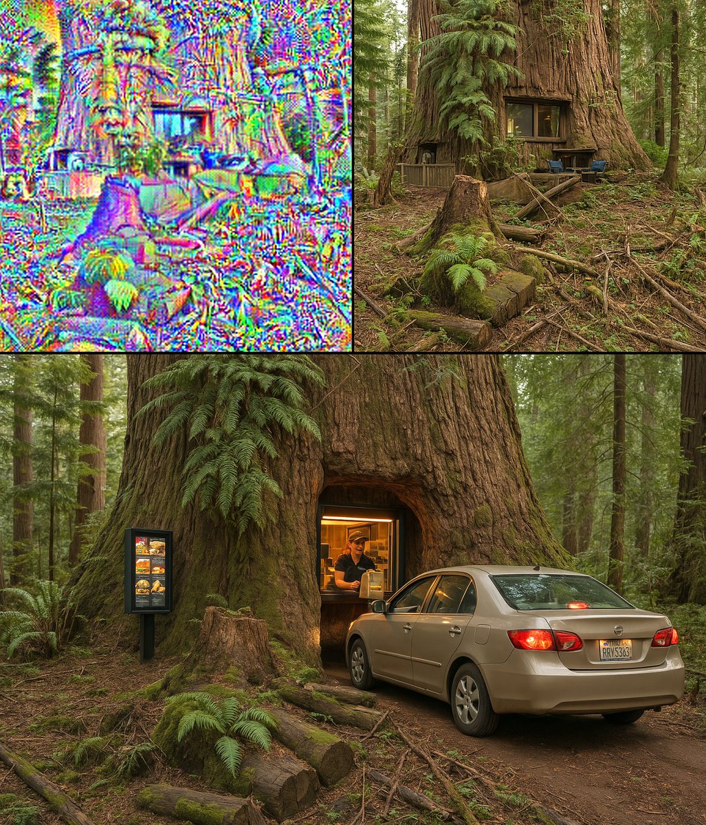 zer0int1's tweet image. #CLIP feature encoding a #drive #thru #redwood (yes, #AI has a feature dedicated to that in its vision transformer!)
-&amp;gt; #GPT4o #imagegeneration
-&amp;gt; #drivethru #fastfood redwood. 🌿🍟🍔🪵
😂
#absurd #AIart