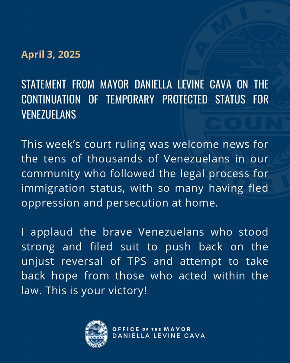This week’s court ruling was welcome news for the tens of thousands of Venezuelans in our community who followed the legal process for immigration status – with so many having fled oppression and persecution at home. This is your victory!