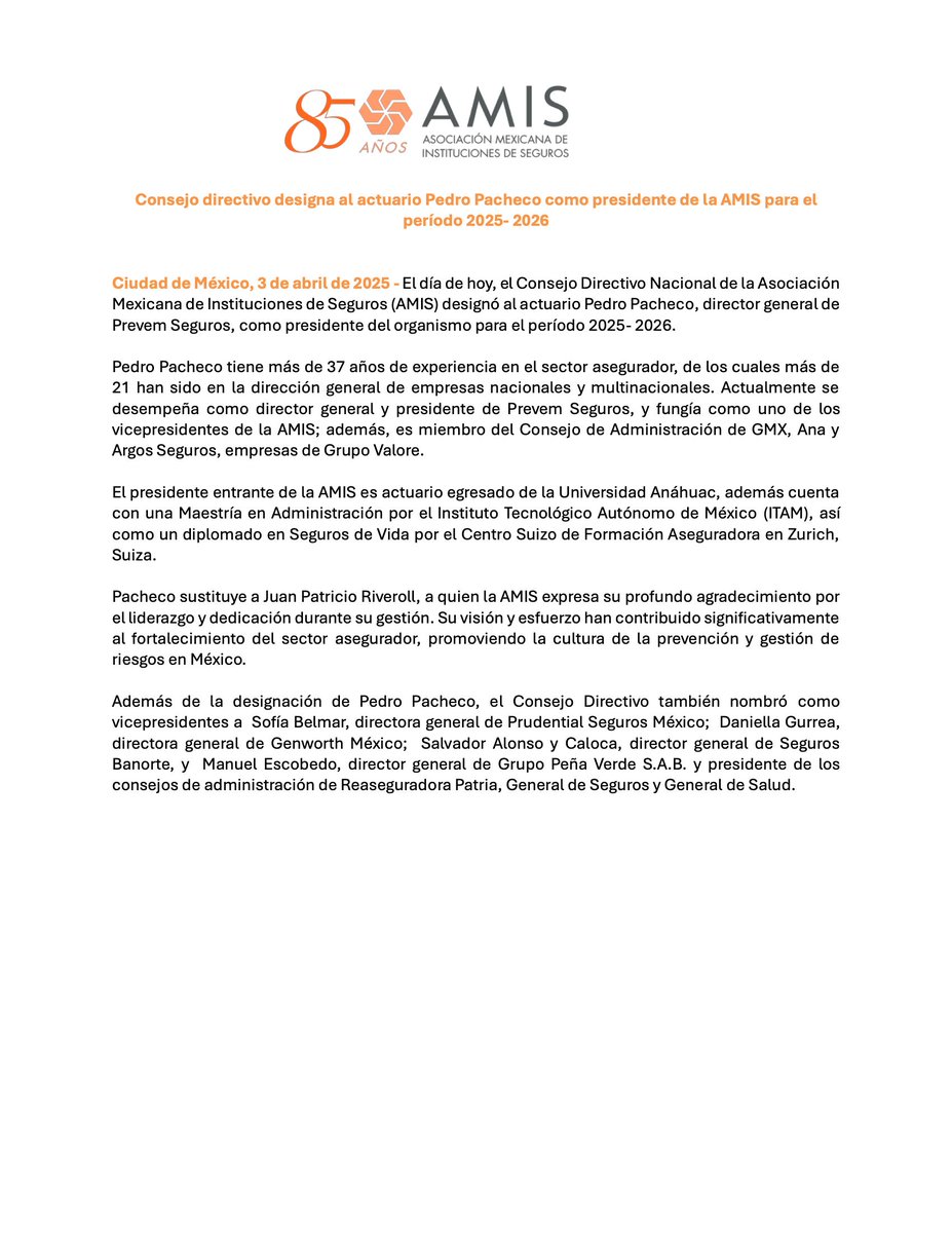 #ComunicadoDePrensa| Consejo directivo designa al actuario Pedro Pacheco como presidente de la AMIS para el período 2025 - 2026. 
Consulta nuestro comunicado en: buff.ly/NQy95Ge 
#AMIS #TransformamosHistorias
