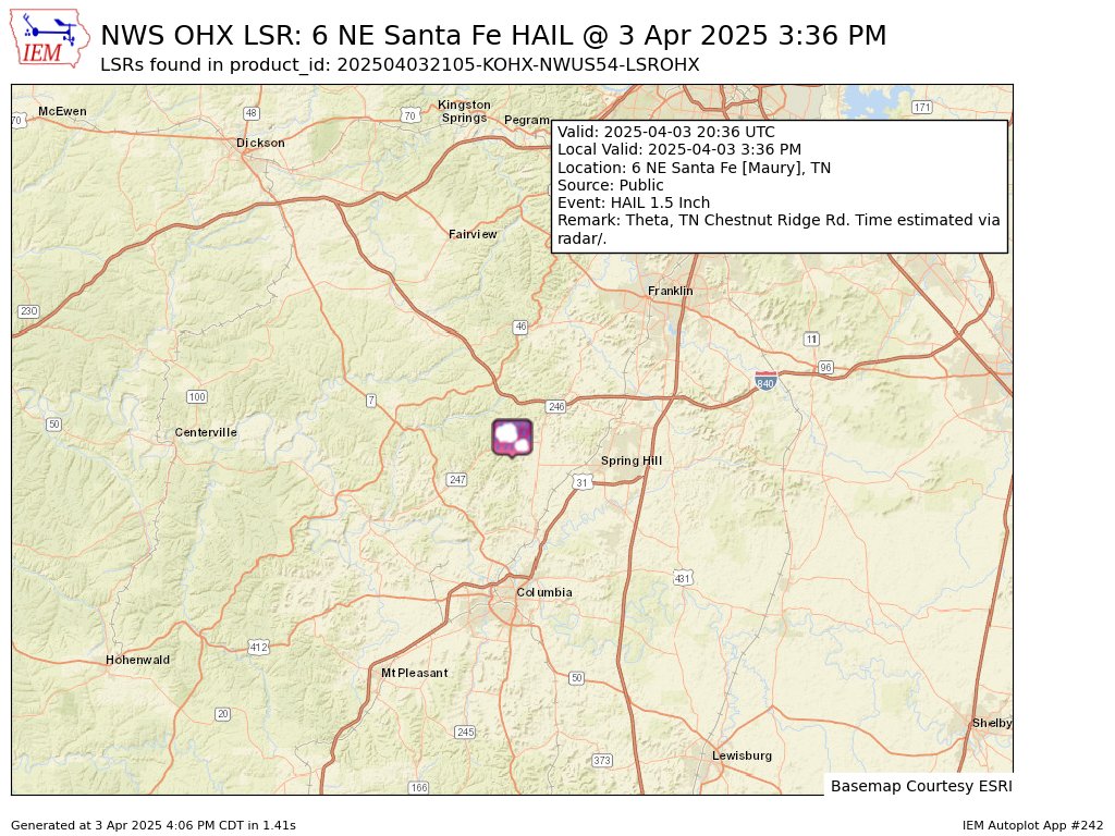 At 3:36 PM CDT, 6 NE Santa Fe [Maury Co, TN] Public reports Hail of ping pong ball size (E1.50 Inch). Theta, TN Chestnut Ridge Rd. Time estimated via radar/. #tnwx mesonet.agron.iastate.edu/lsr/#OHX/20250…