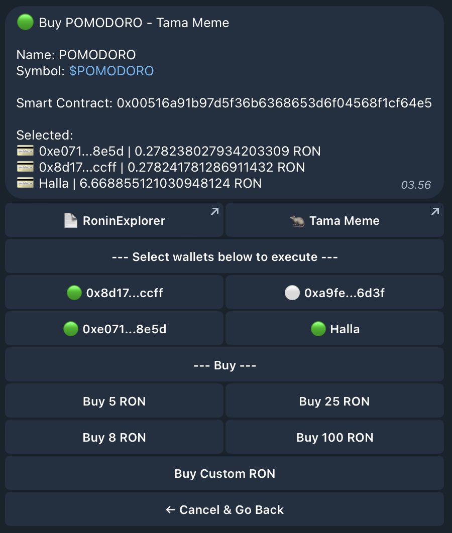 Ronin Sniper Bot Update

You can now trade any token that still on <a href="/tamadotmeme/">...</a>  

The next step is finishing PNL Cards 👨‍💻  

$REYE <a href="/Ronin_Network/">Ronin</a>