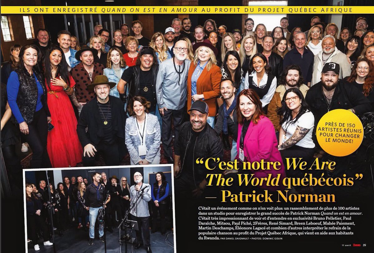 Dans le magazine 7 Jours, en primeur, les coulisses de l’enregistrement de la chanson «Quand on est en amour», de Patrick Norman en compagnie de près de 150 artistes d’ici tous réunis pour le Projet Québec/Afrique. 
Très heureuse d’en faire partie! 🙏🏻❤️