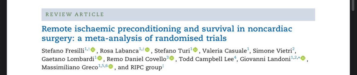 Simone Vietri (@s_vietri) on Twitter photo Read the new <a href="/SRAnesthesiaICU/">San Raffaele Anesthesia and Intensive Care</a> Meta-analysis on <a href="/BJAJournals/">British Journal of Anaesthesia</a> <a href="/giovannilandoni/">Giovanni Landoni, MD</a> ❗️ 72 RCTs and 7457 patients.
sciencedirect.com/science/articl…
🚨 Remote Ischemic Preconditioning improved survival and reduced stroke and hospital stay in non cardiac surgery! Read the new <a href="/SRAnesthesiaICU/">San Raffaele Anesthesia and Intensive Care</a> Meta-analysis on <a href="/BJAJournals/">British Journal of Anaesthesia</a> <a href="/giovannilandoni/">Giovanni Landoni, MD</a> ❗️ 72 RCTs and 7457 patients.
sciencedirect.com/science/articl…
🚨 Remote Ischemic Preconditioning improved survival and reduced stroke and hospital stay in non cardiac surgery!