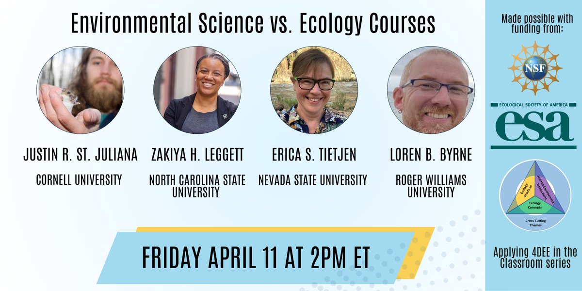 Teresa Mourad (@diversecology) on Twitter photo Environmental Science vs Ecology courses
Whatās the difference? ESA members teach environmental science about as much as they do #ecology. Can <a href="/ESA_org/">Ecological Society</a>'s Four-Dimensional Ecology Education #4DEE framework provide insight? Spring into the conversation!
shorturl.at/NtbT7 Environmental Science vs Ecology courses
Whatās the difference? ESA members teach environmental science about as much as they do #ecology. Can <a href="/ESA_org/">Ecological Society</a>'s Four-Dimensional Ecology Education #4DEE framework provide insight? Spring into the conversation!
shorturl.at/NtbT7