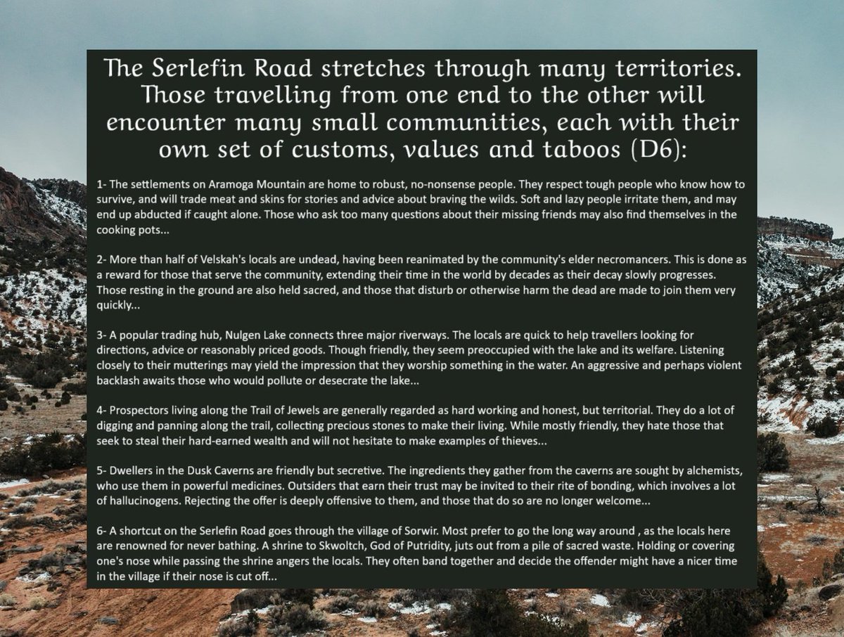 The Serlefin Road #ttrpg #journeys #fantasy #dnd #culture #travel #taboos #adventure #rituals #nerd #fun #d20 #dungeonsanddragons 
patreon.com/GrapplingHooks