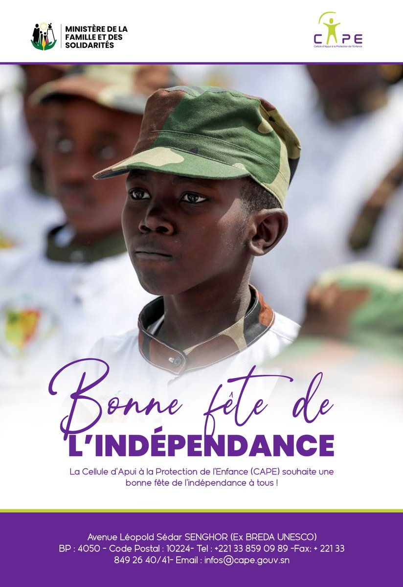 Bonne fête de l’Indépendance !
En ce 4 avril 2025, le Sénégal célèbre 65 ans de souveraineté. Une occasion de rendre hommage à ceux qui ont œuvré pour notre indépendance et de réaffirmer notre engagement pour un avenir où chaque enfant grandit dans un environnement sûr.