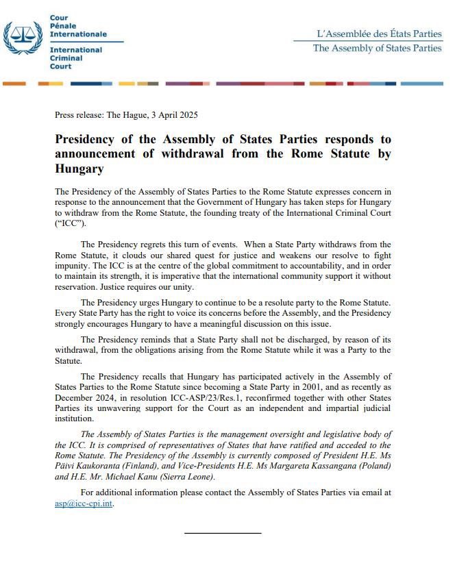 México 🇲🇽 lamenta las declaraciones de Hungría respecto de su posible denuncia del Estatuto de Roma, y respalda el comunicado de la Presidencia de la AEP sobre las obligaciones de los Estados de cumplir con las órdenes de arresto de la <a href="/IntlCrimCourt/">Int'l Criminal Court</a>.