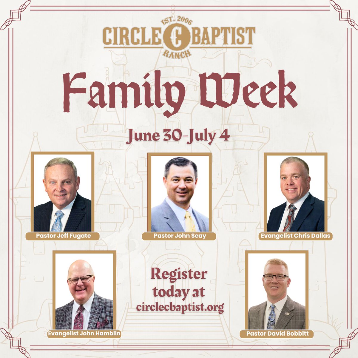 Join us for Family Camp at Circle C Baptist Ranch, June 30-July 4. We have a very limited number of family cabins still available. Call or email us today to reserve your cabin today!
circlecbaptist.org/junior/family-…

<a href="/drjefffugate/">Pastor Jeff Fugate</a> 
<a href="/JamesTienhaara/">James Tienhaara</a> 
<a href="/CalebYo38194949/">Caleb Young</a>