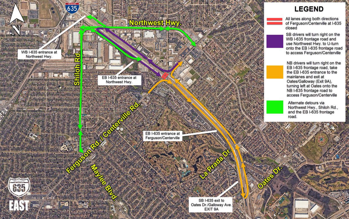 REMINDER: Weekend-long closure of Centerville /Ferguson @ I-635 begins 8 pm Fri. 4/4 &amp; will run continuously until 5 am. Mon. 4/7. Detours will be in place for local traffic throughout the closure duration.
View map attachment.
#Drive635East #PlanAhead #KnowBeforeYouGo