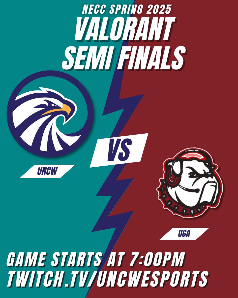 Join us tonight for the NECC Spring 2025 Valorant Semi-Finals as UNCW takes on UGA in a battle to see who will make it to the Grand Finals! The match starts at 7:00PM EST on twitch.tv/uncwesports 
#esports #valorant #valorantgame #playvalorant #valorantesports #valorantstream