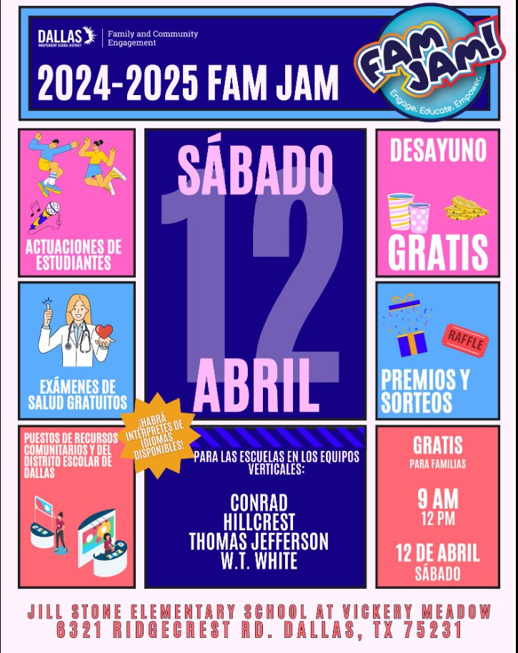MarcusLeadershipAcademy (@marcusmustangs) on Twitter photo Our Marcus Cheer squad will be there performing. You will also be getting FREE breakfast. This is an event you don't want to miss!
Nuestro equipo de porristas de Marcus estará allí para una presentación. Además, tendrán desayuno GRATIS. April 12, 2025 9-12 p.m.<a href="/wtwhitevt/">W.T. White Vertical Team</a> Our Marcus Cheer squad will be there performing. You will also be getting FREE breakfast. This is an event you don't want to miss!
Nuestro equipo de porristas de Marcus estará allí para una presentación. Además, tendrán desayuno GRATIS. April 12, 2025 9-12 p.m.<a href="/wtwhitevt/">W.T. White Vertical Team</a>