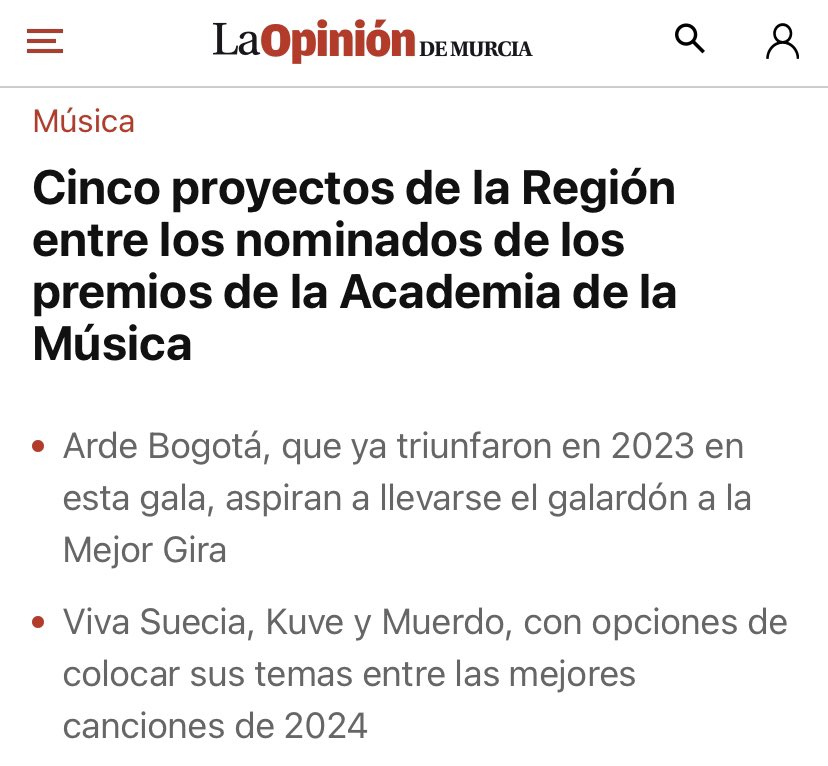Unas nominaciones que, para la #RegióndeMurcia, ya saben a éxito. 

¡Enhorabuena, <a href="/VivaSuecia/">Viva Suecia</a>, <a href="/arde_bogota/">ARDE BOGOTÁ</a>, <a href="/malva_carlos/">MALVA</a>, <a href="/soyKuve/">K U V E</a> y <a href="/MuerdoMusica/">MUERDO</a>! 

Talento, trabajo duro y mucha calidad artística en estos 5 proyectos que ya son un referente para todos.