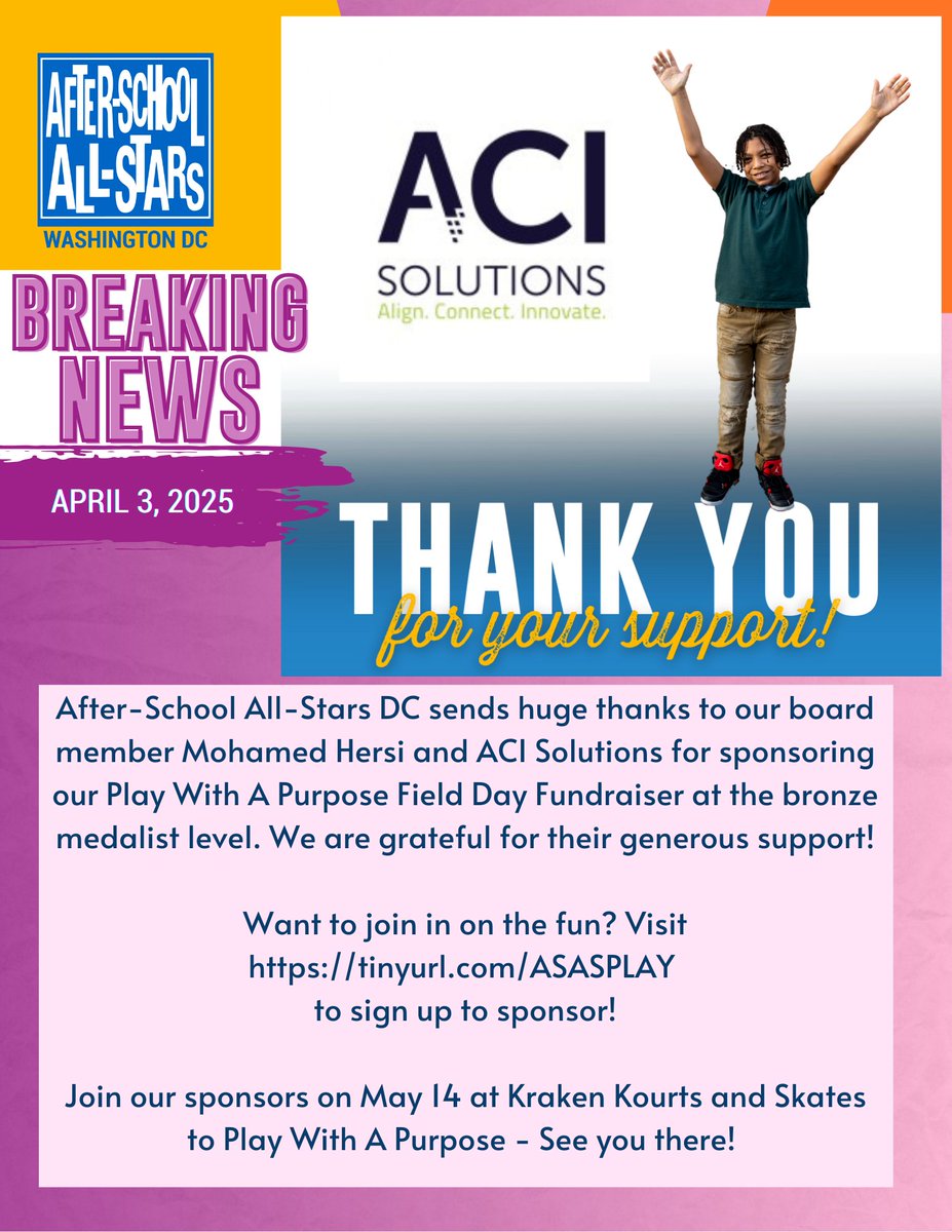 ASAS DC (@asas_dc) on Twitter photo Huge thanks to our board member Mohamed Hersi and <a href="/ACI_Solutions_/">ACI Solutions</a> for sponsoring our Play With A Purpose Field Day Fundraiser at the bronze medalist level. We are grateful for your generous support!
Want to join in on the fun? Visit tinyurl.com/ASASPLAY
to sign up to sponsor! Huge thanks to our board member Mohamed Hersi and <a href="/ACI_Solutions_/">ACI Solutions</a> for sponsoring our Play With A Purpose Field Day Fundraiser at the bronze medalist level. We are grateful for your generous support!
Want to join in on the fun? Visit tinyurl.com/ASASPLAY
to sign up to sponsor!