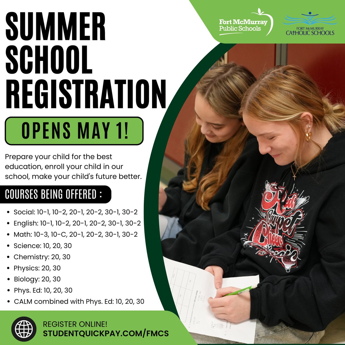 Summer School 2024 Registration opens May 1 at 12pm!

Don’t miss this opportunity to explore new subjects &amp; expand your horizons.

For more information, go to bit.ly/42eMcqp

<a href="/annaleeskinner/">Annalee Nutter</a> 
#FMPSD #YMM #RMWB