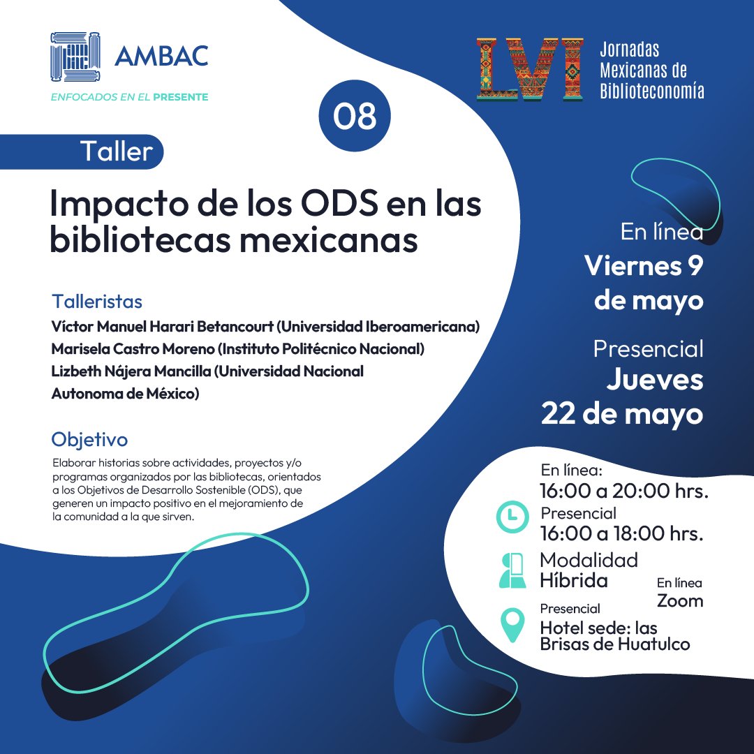 ¡Atención, bibliotecarios! Las LVI Jornadas Mexicanas de Biblioteconomía están a punto de comenzar, y con ellas, una serie de talleres que te brindarán las herramientas necesarias para destacar en un entorno en constante cambio.

Inscripción  jornadas.ambac.org.mx/talleres/