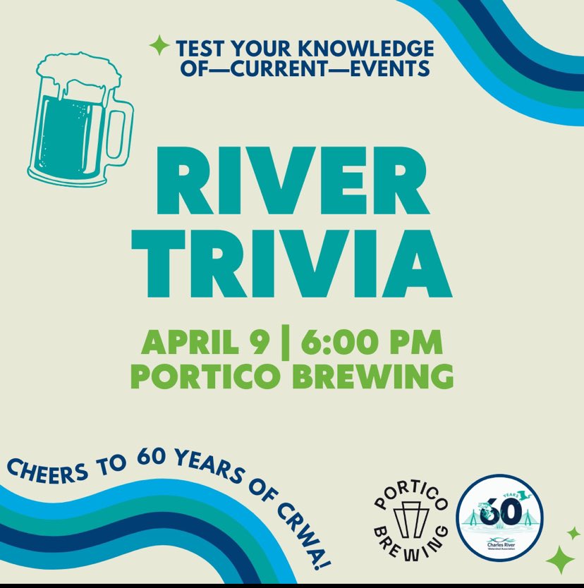 Portico Brewing Co. (@porticobrewing) on Twitter photo Join us for an #environmentally themed trivia night with our friends at <a href="/charlesriver/">Charles River Watershed Association</a> to celebrate their 60th year of advocacy for #rivers and #nature. Join us for an #environmentally themed trivia night with our friends at <a href="/charlesriver/">Charles River Watershed Association</a> to celebrate their 60th year of advocacy for #rivers and #nature.