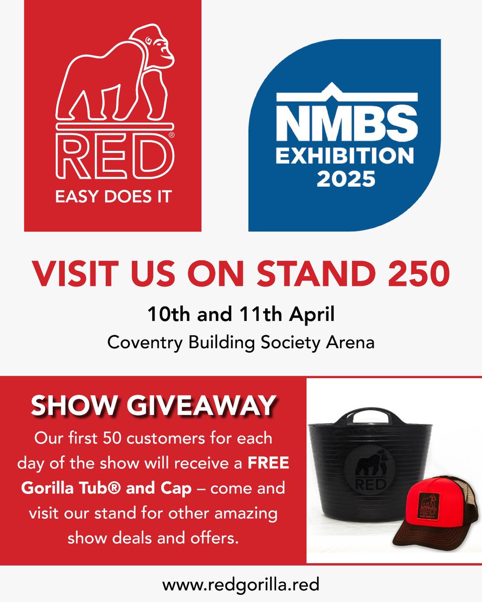 We are running a great give away at the <a href="/NationalMerch/">NMBS</a> show, first 50 customer to visit our stand get a #Free Gorilla tub and cap 🧢 #builders #showtime #redgorilla #NMBS #Trade  #buildersmerchants