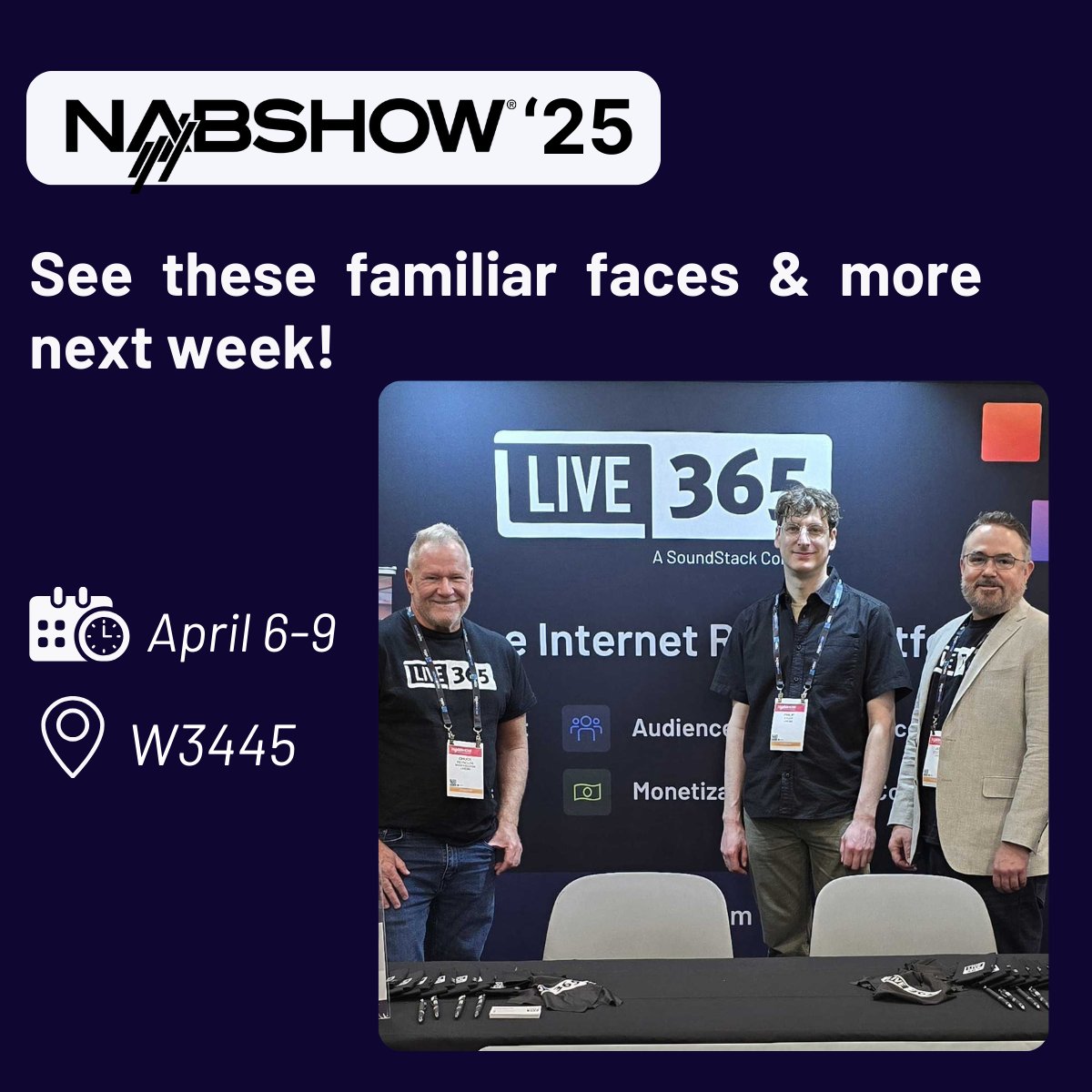🚨<a href="/NABShow/">NAB Show</a> is almost here! 🚨

The Live365 team is heading to Vegas &amp; ready to connect!

📍Booth W3445 | April 6-9
PLUS: A private event &amp; Live365 news may just be dropping at the show... Stay tuned!👀

See you in Vegas! 🎰✨ #NABShow #InternetRadio #NAB2025