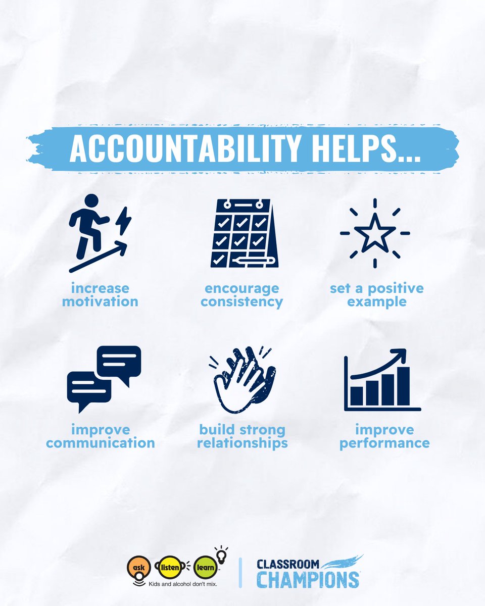 Ask, Listen, Learn (@asklistenlearn) on Twitter photo Staying on track with goals and staying alcohol-free starts with accountability!☝️ Teach your kids the value of accountability to empower them to say "NO" to underage drinking. #AlcoholResponsibilityMonth #ARM2025
<a href="/ClassroomChamps/">Classroom Champions</a> Staying on track with goals and staying alcohol-free starts with accountability!☝️ Teach your kids the value of accountability to empower them to say "NO" to underage drinking. #AlcoholResponsibilityMonth #ARM2025
<a href="/ClassroomChamps/">Classroom Champions</a>