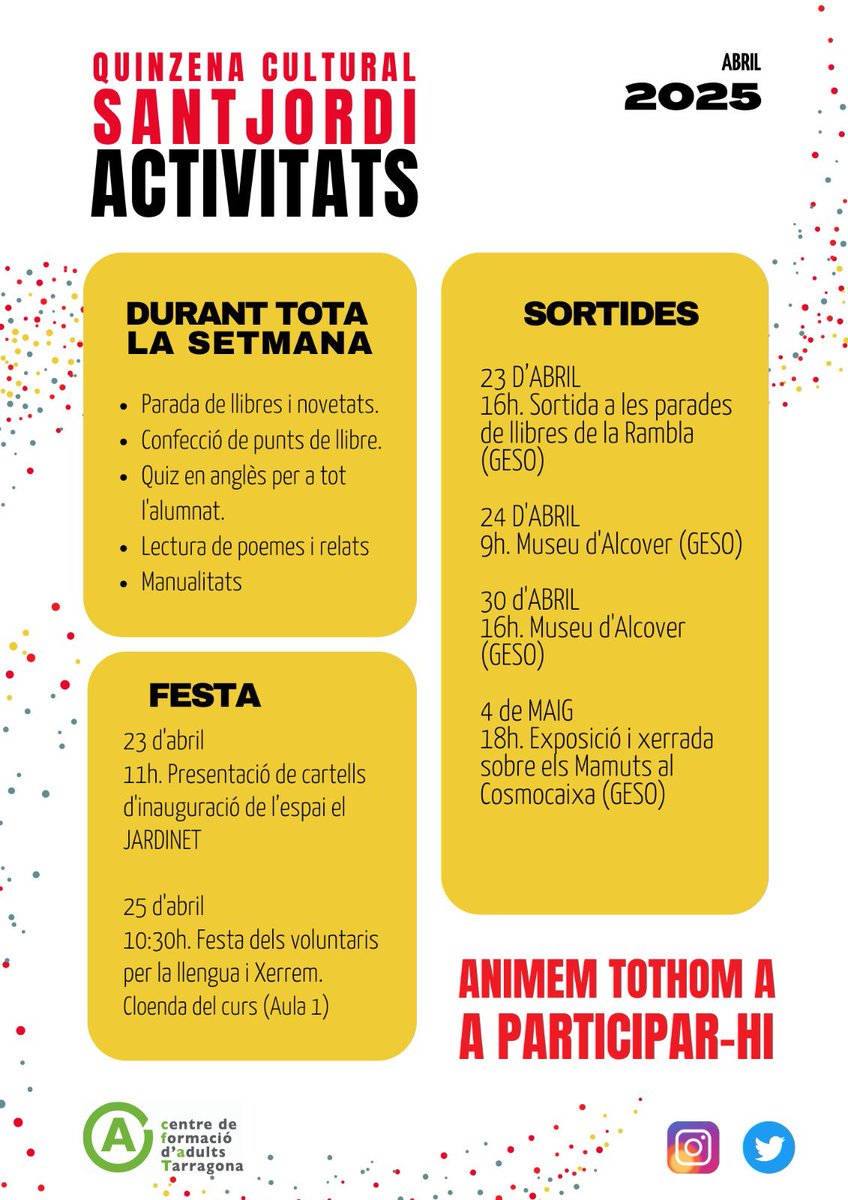 Sant Jordi arriba al CFA Tarragona! 📚🌹Del 21 al 30 d’abril celebrarem la diada de Sant Jordi amb un munt d’activitats especials! Lectures, intercanvi de llibres, sortides culturals i molt més per gaudir de l’aprenentatge i la creativitat 📖 #SantJordi #CFA_Tarragona #Lectura