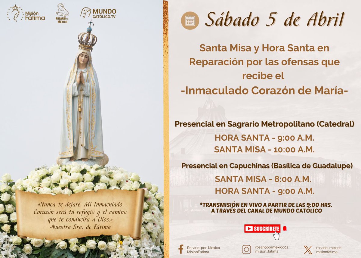 MisionFatima's tweet photo. 📌Te invitamos a la celebración de la #santamisa y #horasanta en reparación por las ofensas que recibe el Inmaculado Corazón ❤️‍🔥 de María.

🗓️ Sábado 5 de abril de 2025
A partir de las 8:00 🕗 hrs.

Primer sábado del mes, tal como lo pidió la Virgen.
!Te esperamos!
#VirgenMaría https://t.co/l5OOvhEG7k