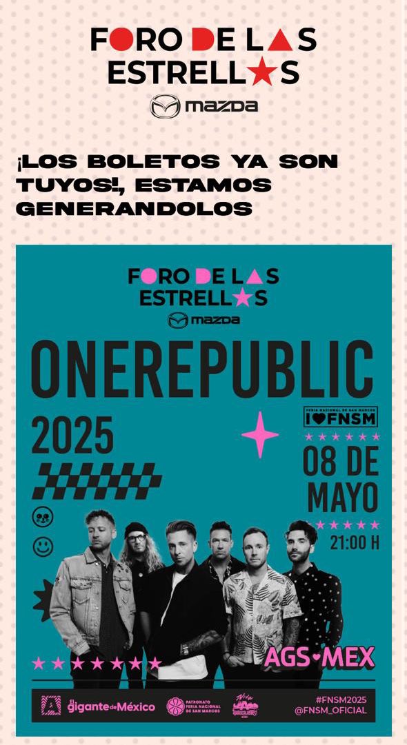 JanethTwin's tweet photo. Finally, after 10 years of being a @OneRepublic fan, I’m seeing them live for the first time next month!!! 🙌🏻🙌🏻🙌🏻 See you at Foro de las Estrellas for the Feria de San Marcos in Aguascalientes, Mexico! 🥹🙌🏻🇲🇽

#FeriaSanMarcos
#FSM 
#ForodelasEstrellas
#onerepublic https://t.co/vKz40V7jqs