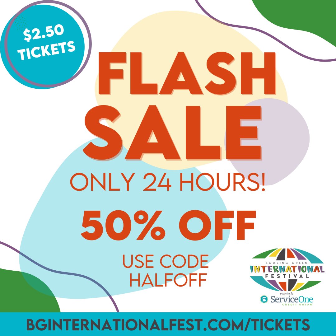 bginternational's tweet image. 50% OFF TICKETS when you order before Noon tomorrow (4/4)! Use the promo HALFOFF when ordering to receive discount. BGInternationalFest.com/tickets Let your friends know about this awesome deal! #BGIFbySOCU Festival takes place 9/27/25 Circus Square Park, Bowling Green KY.