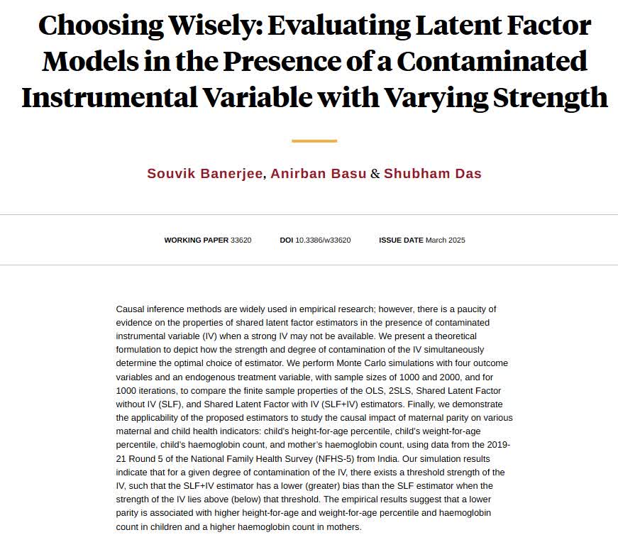 NBER (@nberpubs) on Twitter photo Choosing among Shared Latent Frailty-based estimators along with instrumental variables with varying strength and contamination, from <a href="/bobobaner/">Souvik Banerjee</a>, @basucally, and Shubham Das nber.org/papers/w33620 Choosing among Shared Latent Frailty-based estimators along with instrumental variables with varying strength and contamination, from <a href="/bobobaner/">Souvik Banerjee</a>, @basucally, and Shubham Das nber.org/papers/w33620