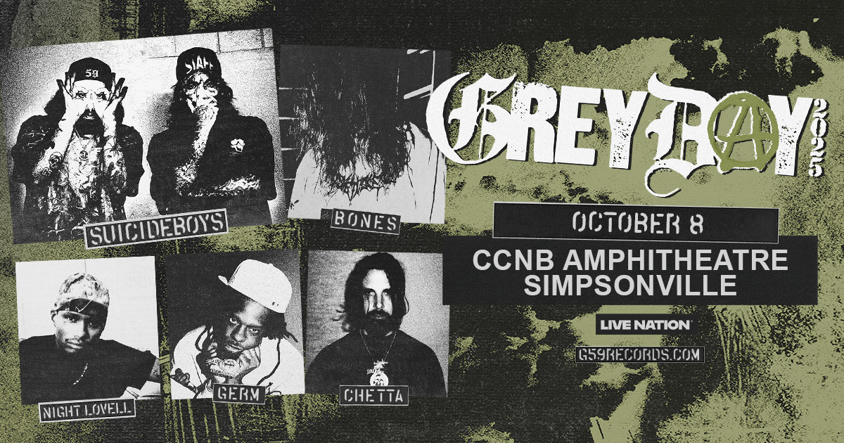 JUST ANNOUNCED! Grey Day 2025 is coming to <a href="/CCNBAmp/">CCNB Amphitheatre at Heritage Park</a> #Simpsonville on 10/8! @Suicideboys @teamsesh @NightLovell @Germjeezus &amp; <a href="/J_Chetta/">CHETTA</a> . Tickets drop this Wednesday 4/9 @10am here: bit.ly/SuicideBoysSVL…