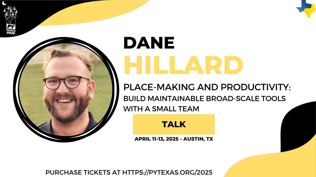 pytexas's tweet image. Today on our Speaker 📣 Spotlight 💡 we&apos;re highlighting @easyaspython who will be presenting Place-making and Productivity: Build Maintainable Broad-scale Tools With a Small Team.

Join us April 13 either in-person or virtually to watch. Get your tickets below 👇