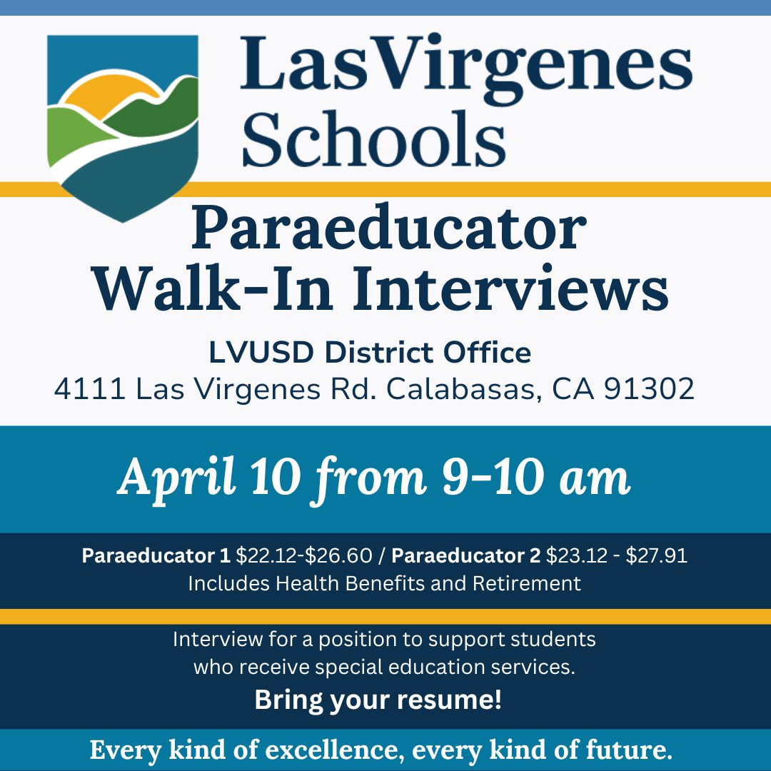 Walk-in interviews will be offered on Thursday, April 10 from 9-10 a.m. at the District Office for paraeducator positions. Bring your resume. We hope to see you there!