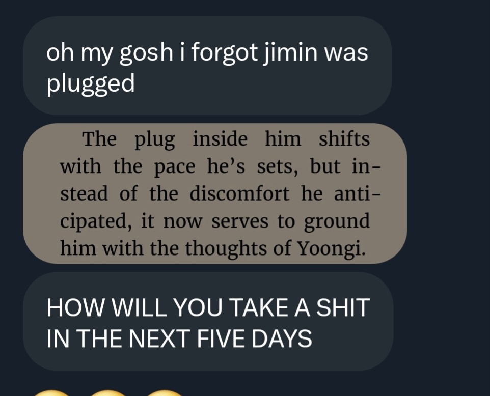 sorry, i have to share this because it's hilarious and i genuinely couldn't stop laughing for several good minutes.  
<a href="/ladyelocin/">🦋 lady⁷</a> asking all the right questions made me realize i robbed jimin of a basic human need.. 💀
