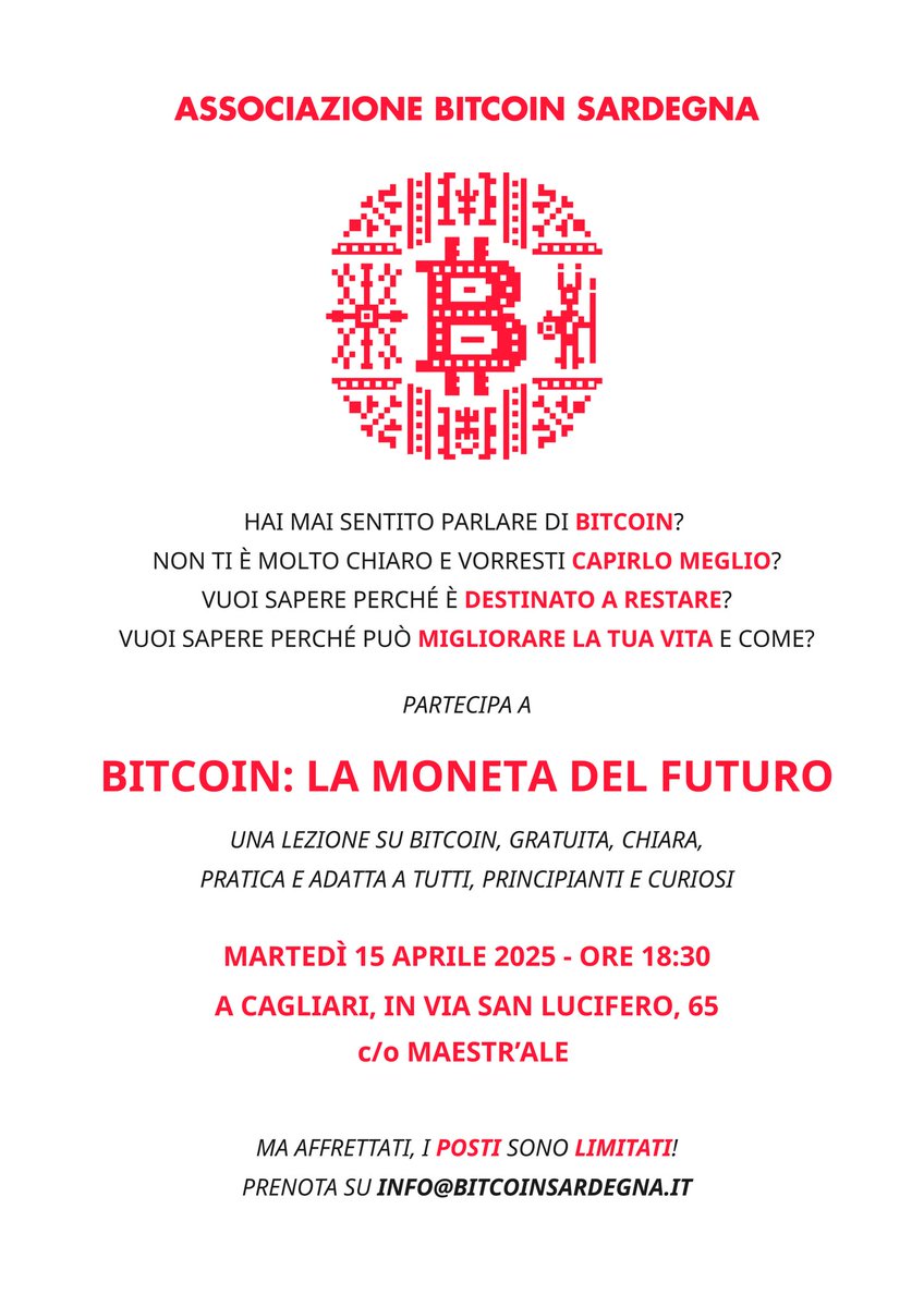 Riprendiamo l’attività col primo evento di introduzione a Bitcoin. 
Martedì 15 Aprile in via San Lucifero 65 presso Maestr'Ale a Cagliari.
Posti limitati, riserva il tuo scrivendo a info@bitcoinsardegna.it